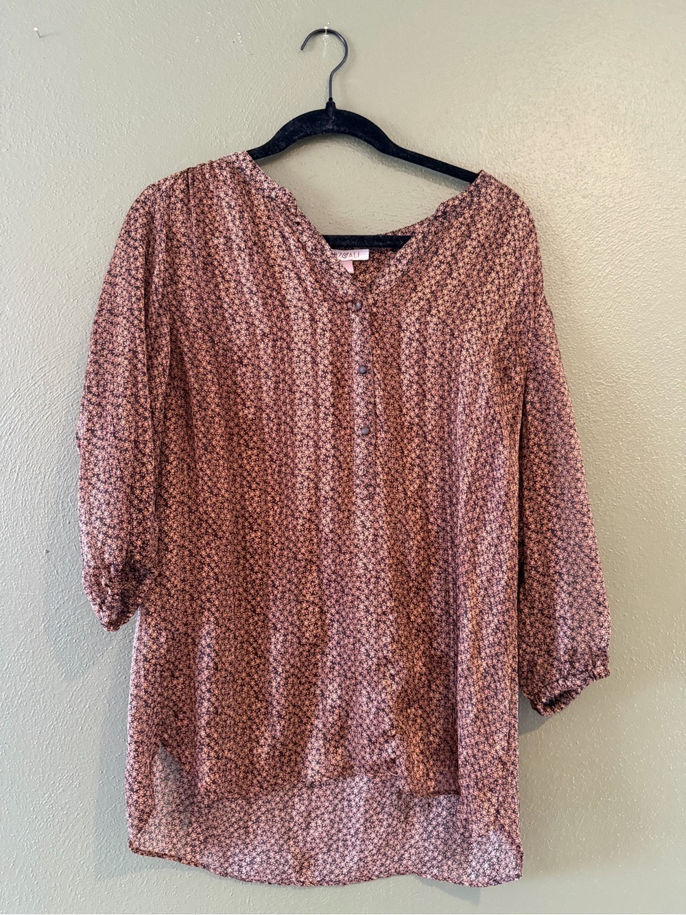 Brown and tanishrose Printed Henley Blouse with Three-Quarter Sleeves